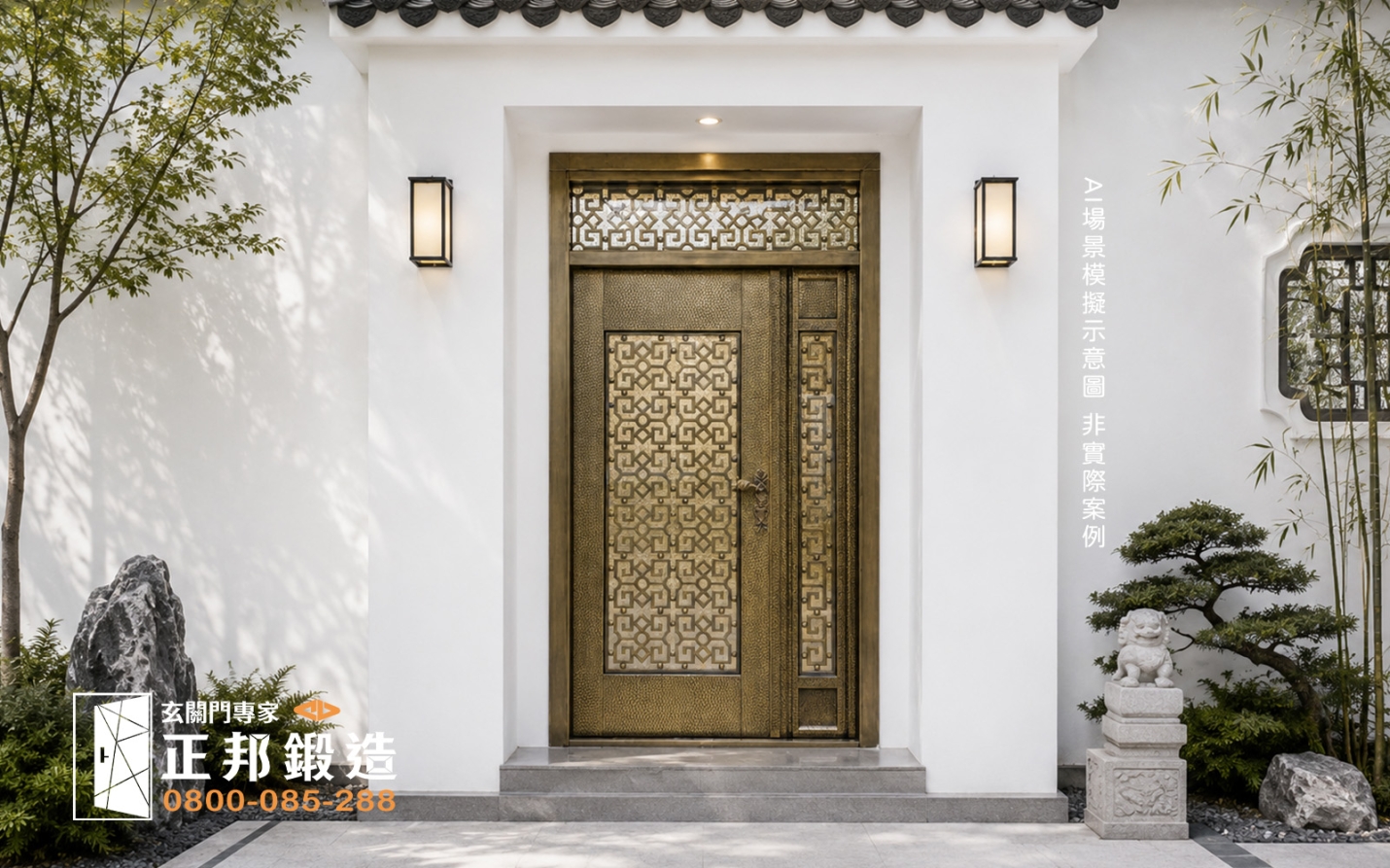 AI 模擬示意圖：正邦鍛造C9B-1002 新式中國風寺廟大門-門面設計