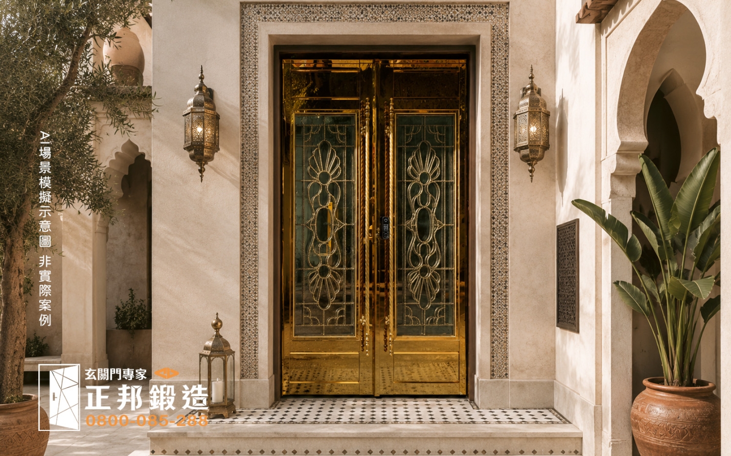AI 模擬示意圖：正邦鍛造C9B-1072鍍鈦雙開門 金碧輝煌奢華門面設計-居家布置
