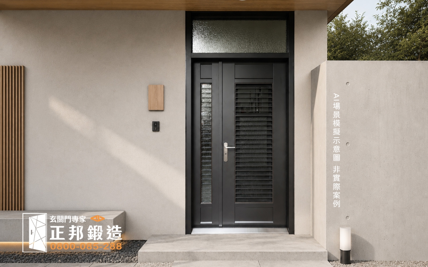 AI模擬示意圖：正邦鍛造C9B-1070包框子母門含開天，搭配三合一通風門（FR-9637M1、銀波坦克網），日系淺色牆面、石頭庭院鋪底的住宅環境
