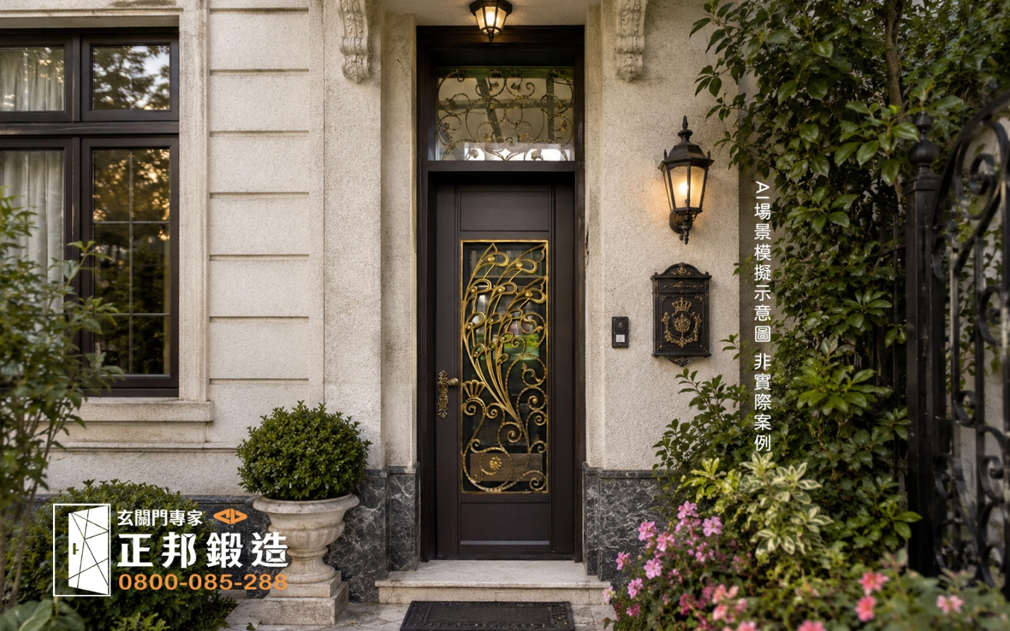 AI 模擬示意圖：烤漆顏色FR-8679M1 門花 3804，歐式建築米黃色石頭牆面，周圍環繞花草植栽，呈現優雅鄉村風格入口