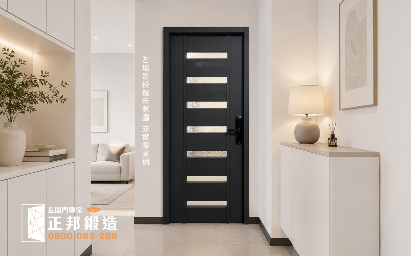 AI模擬示意圖：正邦鍛造C9B-2050玄關大門，烤漆顏色FR-2898G，安裝於白色暖色調北歐風室內玄關，營造溫馨明亮的入口氛圍。