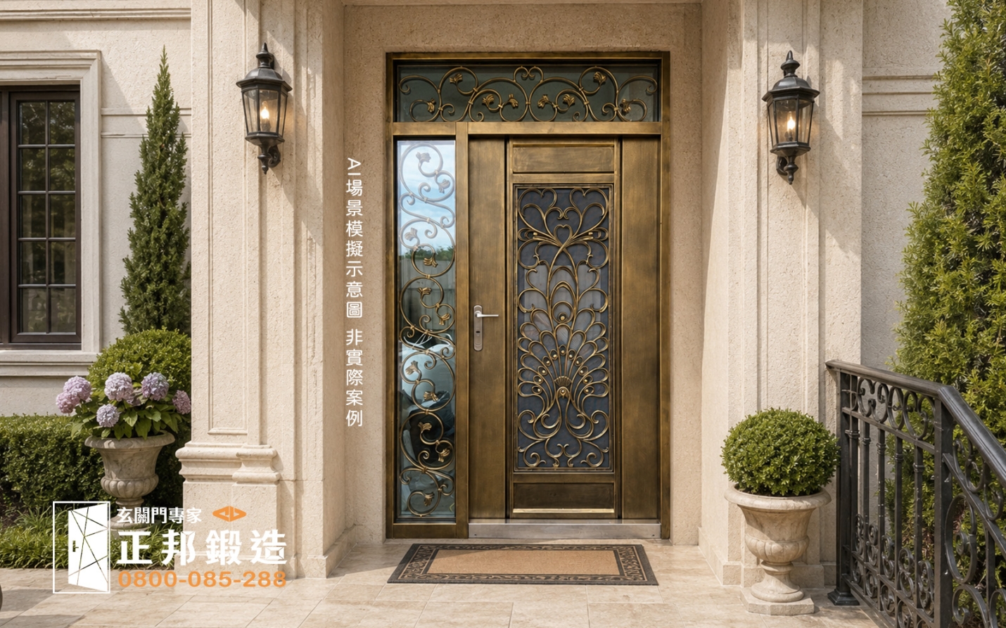 AI模擬示意圖：C9B-1089，門扇搭配開天與側固定扇，採烤底漆噴黑消光刷3804門花，三合一通風門、坦克砂網，歐式莊園風暖黃色石頭牆面