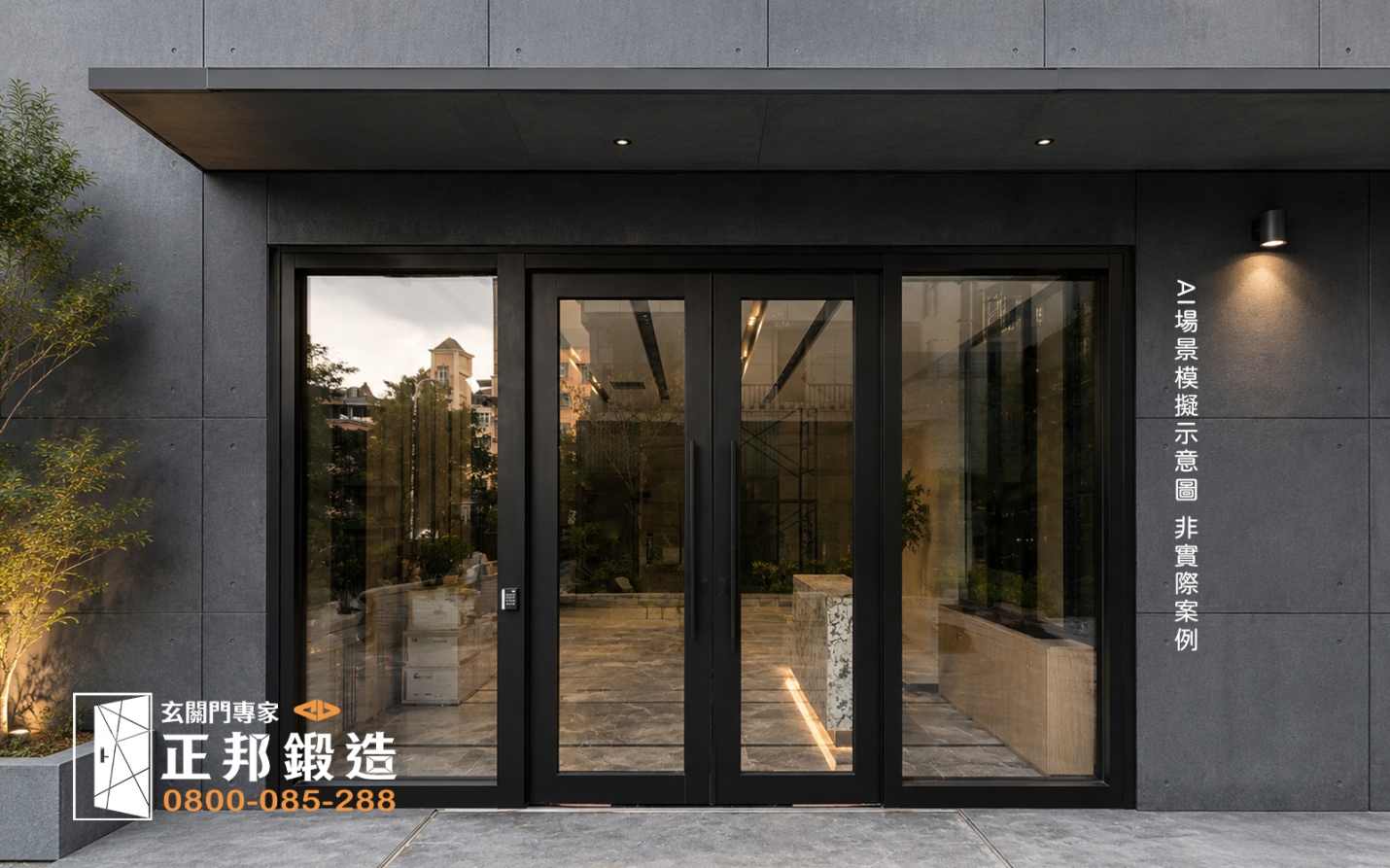 AI 模擬示意圖：正邦鍛造C9B-4006 社區大廈 社區大樓大廳雙開門 社區玻璃大門 現代別墅，深灰色水泥板外牆設計