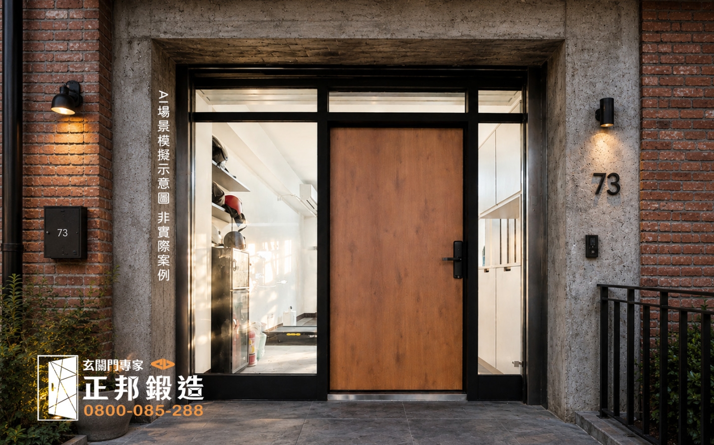 店面玻璃門-門面設計-玻璃隔音門-正邦鍛造-工業風住宅外觀，紅磚與水泥混合外牆設計