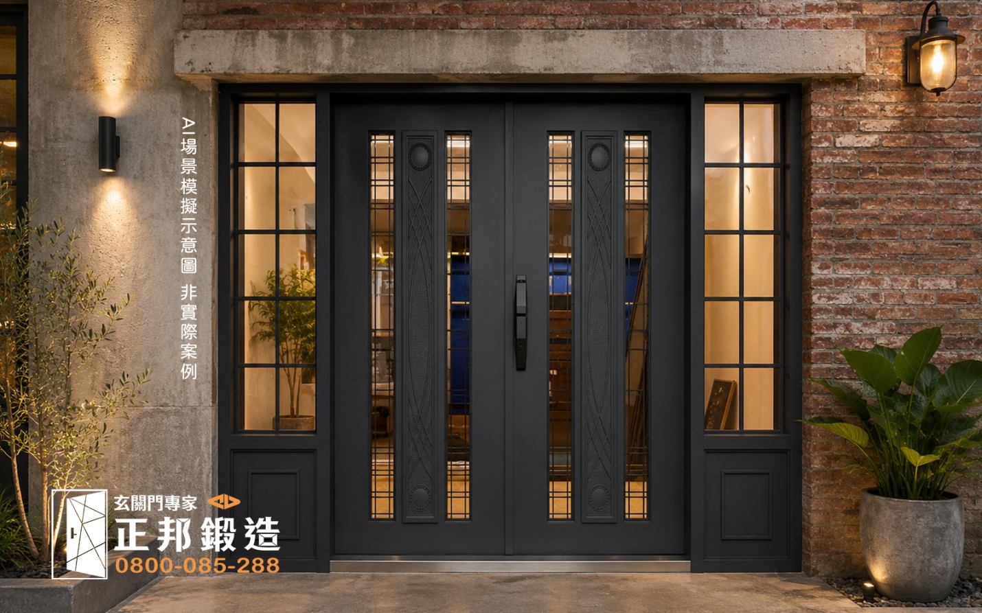 AI 模擬示意圖：正邦鍛造C9B-1084 (烤漆顏色FR-2910) 桃園門面包框 0970960683  工業風住宅外觀，紅磚與水泥混合外牆設計