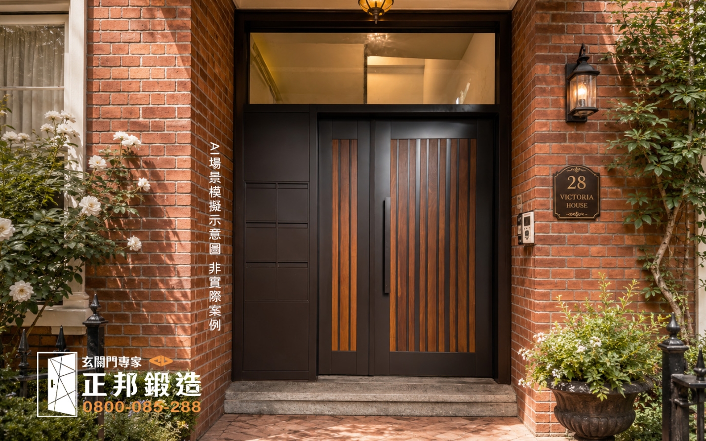 AI 模擬示意圖:正邦鍛造C9C-4055 (FR-8675.柚木色)公寓大門含信箱 維多利亞風格別墅,紅磚牆面設計