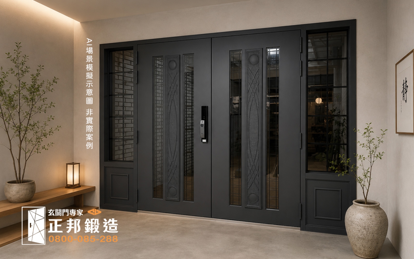 AI 模擬示意圖：正邦鍛造C9B-1084 (烤漆顏色FR-2910) 桃園門面包框 0970960683  日式土間玄關，淺灰色硅藻土牆面，水泥粉光地面設計