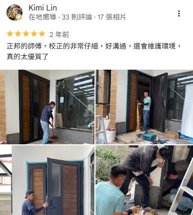木頭玻璃玄關門安裝案例，正邦玄關門評價分享，木紋門片結合側邊玻璃設計，提升玄關採光與整體門面質感。