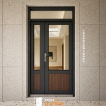 現代風格玄關門 深灰色門框＋玻璃＋木紋板 場景模擬示意圖 正邦鍛造