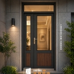 現代風格玄關門 深灰色門框＋玻璃＋木紋板 場景模擬示意圖 正邦鍛造
