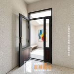 現代風格玄關門 深灰色門框＋玻璃＋木紋板 場景模擬示意圖 正邦鍛造