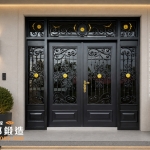 AI模擬示意圖：正邦鍛造C9B-4014包框門，烤漆色FR-91024搭配同款門花與花葉挑金設計，安裝於歐式簡約風格建築門面。