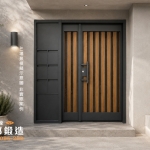 AI 模擬示意圖：正邦鍛造C9C-4043 公寓大門含信箱 侘寂風住宅，米灰色藝術塗料牆面設計