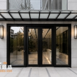 AI 模擬示意圖：正邦鍛造C9B-4006 社區大廈 社區大樓大廳雙開門 社區玻璃大門 都市現代大樓入口，淺灰色石材外牆設計