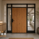 店面玻璃門-門面設計-玻璃隔音門-正邦鍛造-日式土間玄關，淺灰色硅藻土牆面，水泥粉光地面設計