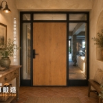 店面玻璃門-門面設計-玻璃隔音門-正邦鍛造-適合特色商店室內玄關，暖色石灰牆面，復古紅陶地磚設計