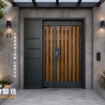 AI 模擬示意圖：正邦鍛造C9C-4043 公寓大門含信箱 輕工業風住宅，深灰色水泥牆面設計