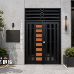 正邦鍛造C9B-3008社區大門｜現代社區入口設計，淺灰色石材外牆搭配金屬格柵門體與景觀植栽，打造俐落大器的住宅門面形象