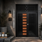 社區外玄關門推薦 現代格柵雙玄關門搭配石材建築門面設計示意圖 正邦鍛造