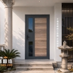 正邦鍛造C9B-3030南方松木紋玄關門｜洋折衷風格玄關門設計，融合歐式石柱、日式石燈籠與木格柵元素的住宅門面