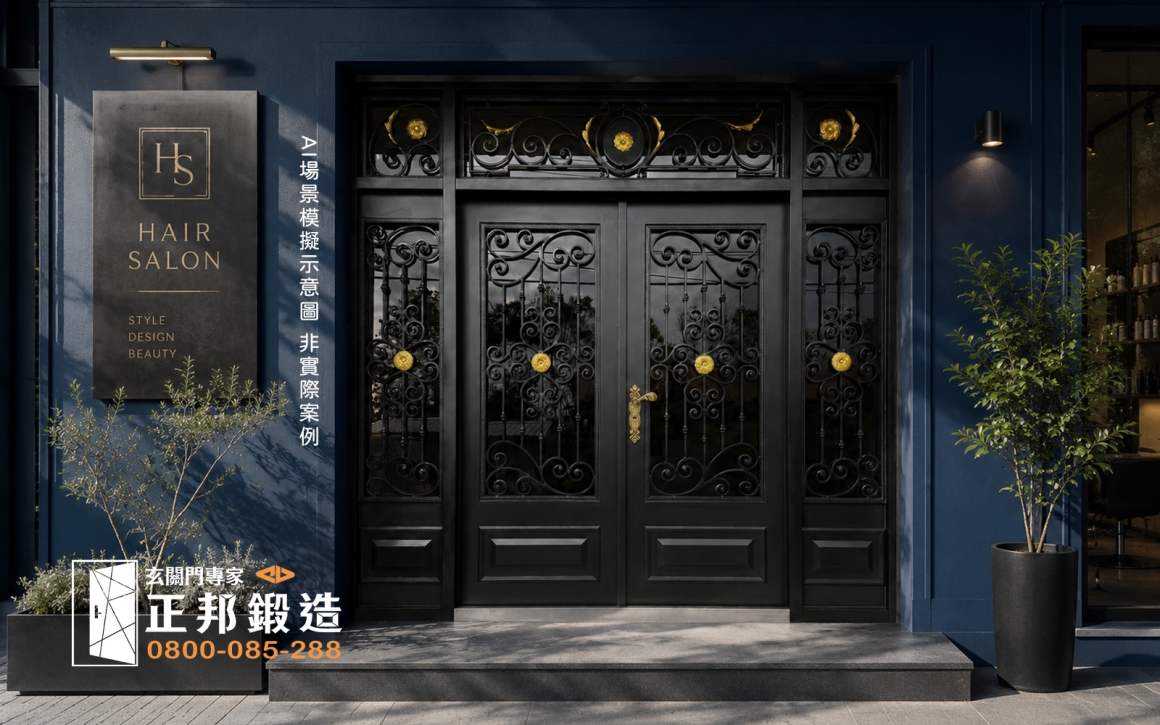 AI情境示意圖，同款客製別墅大門置入現代簡約住宅入口，乾淨的米灰色牆面、俐落壁燈與低彩度植栽襯托繁複鍛造門花，使古典曲線成為簡潔建築中的主要視覺焦點，呈現現代建築搭配特殊門花的可能性。