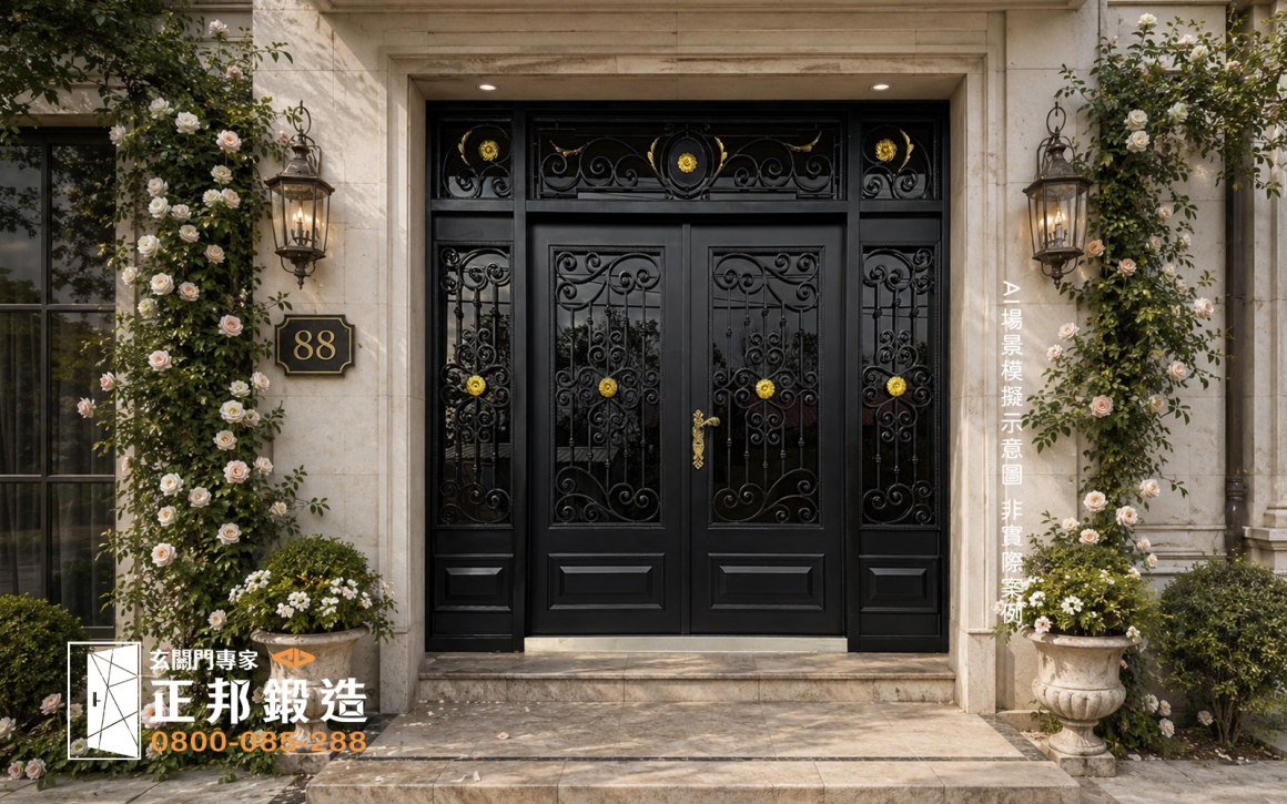 AI情境示意圖，黑色挑金客製別墅大門搭配歐式花園、淺色石材、壁燈及攀爬花卉，門花中的捲草曲線與金色花葉和周圍植物產生視覺呼應，呈現浪漫又具有辨識度的別墅入口設計與住宅門面搭配效果。