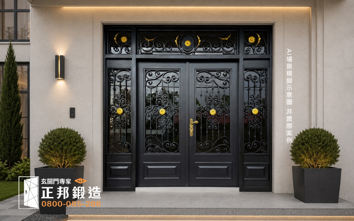 AI情境示意圖，將花蓮案例同款黑金客製別墅大門置入古典石材與庭園植栽住宅入口，黑色門體在淺色石材背景下形成視覺中心，局部金色花葉則與暖色壁燈及歐式景觀元素相互呼應，呈現典雅氣派的別墅門面效果。