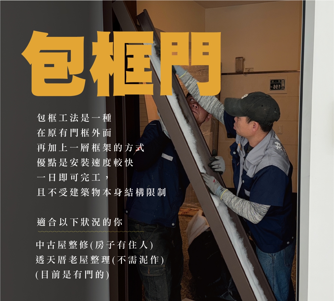 包框換門施工方式示意，適合部分已入住住宅依既有門框與門洞條件評估，以原有結構為基礎規劃新門框與玄關門安裝，實際是否適用仍需依現場丈量確認。