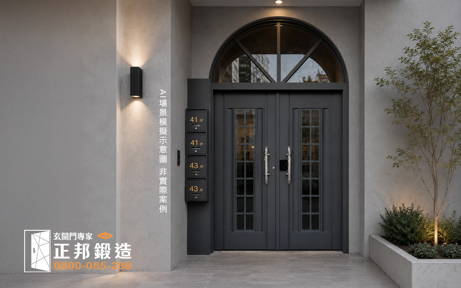 現代公寓公共鐵門含信箱設計示意圖_灰黑色住宅入口