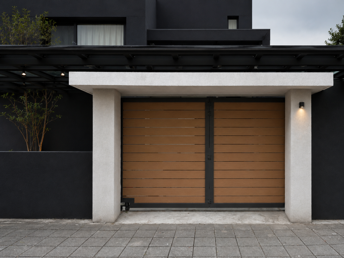 正邦電動大門或客製鐵花窗實際住宅作品，呈現電動二折門、單軌大門或特殊金屬造型於住宅中的使用情境，展示玄關門之外的住宅入口與金屬客製能力。
